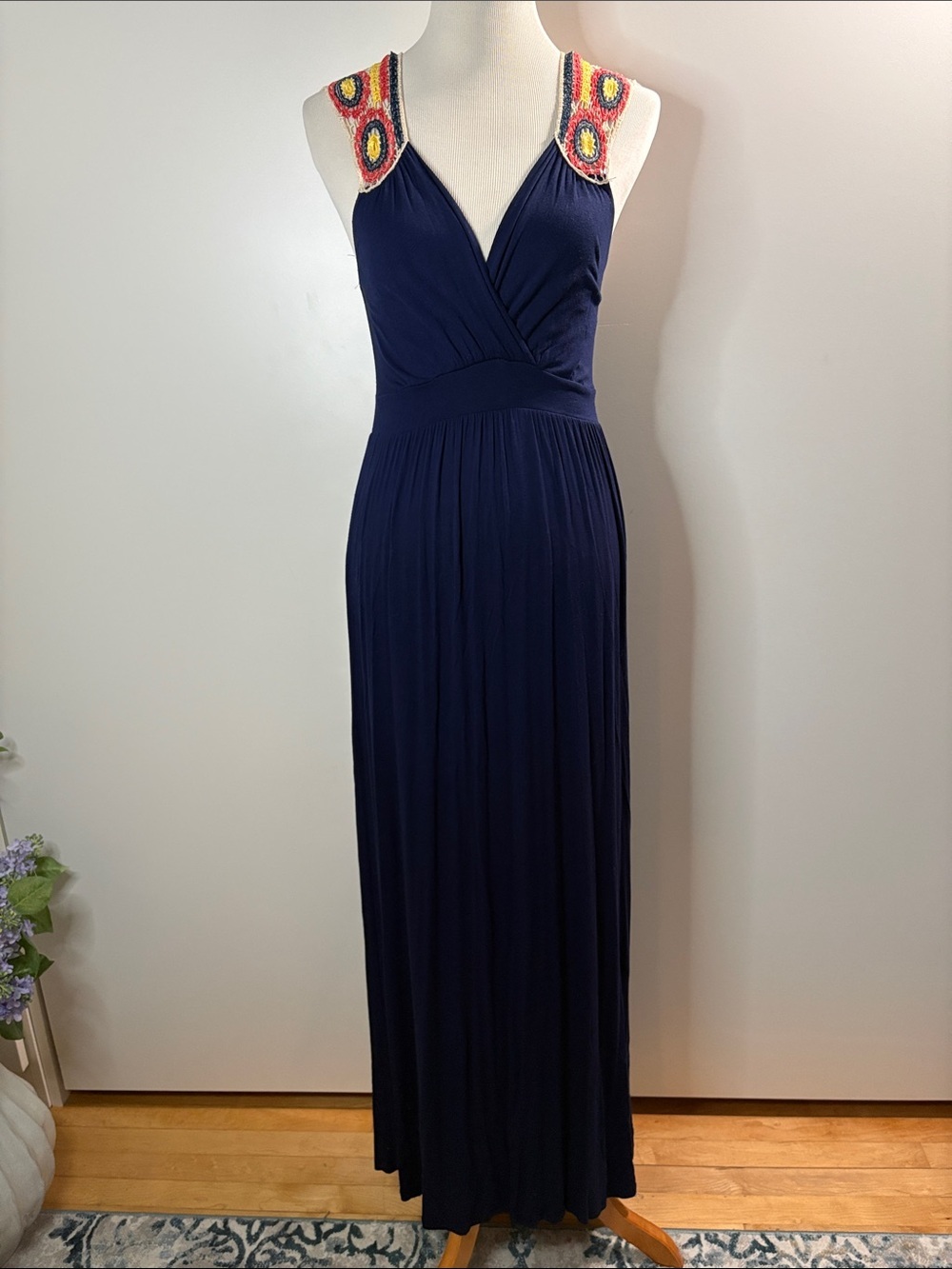 Sleeveless Navy Jersey Maxi Dress with Crochet Shoulder Detail S